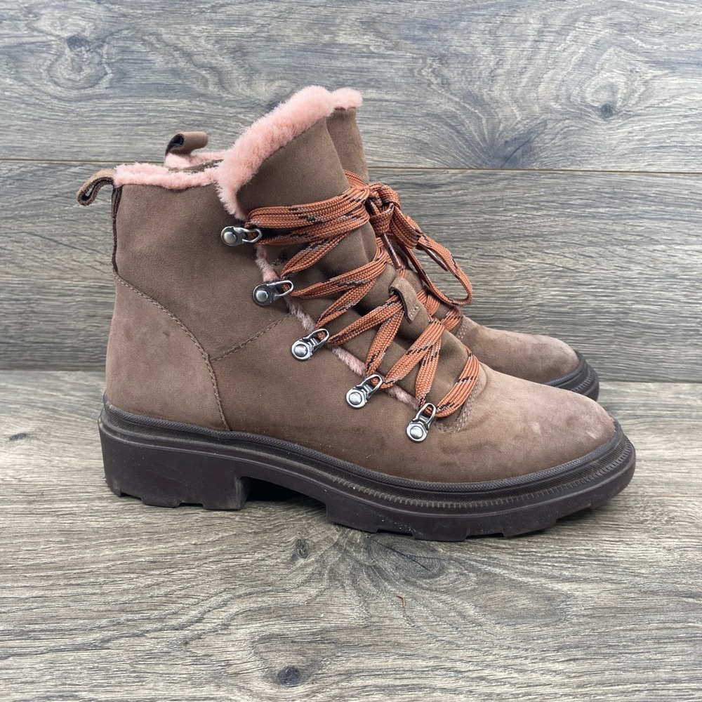 Naturalizer Julian Hiker Boots Womens 8M Brown Suede Pink Faux Fur Ankle Boot